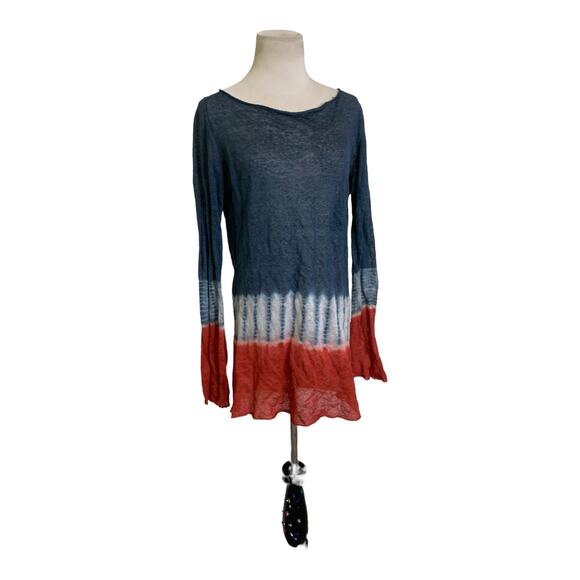 Lydia Hirscher blue orange color block Boat Neck Bohemian Blouse size M - Picture 1 of 7